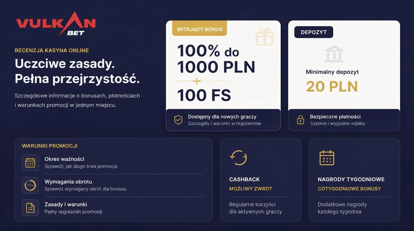 Panel oferty powitalnej 100% do 1000 PLN i 100 FS obok informacji o minimalnym depozycie 20 PLN