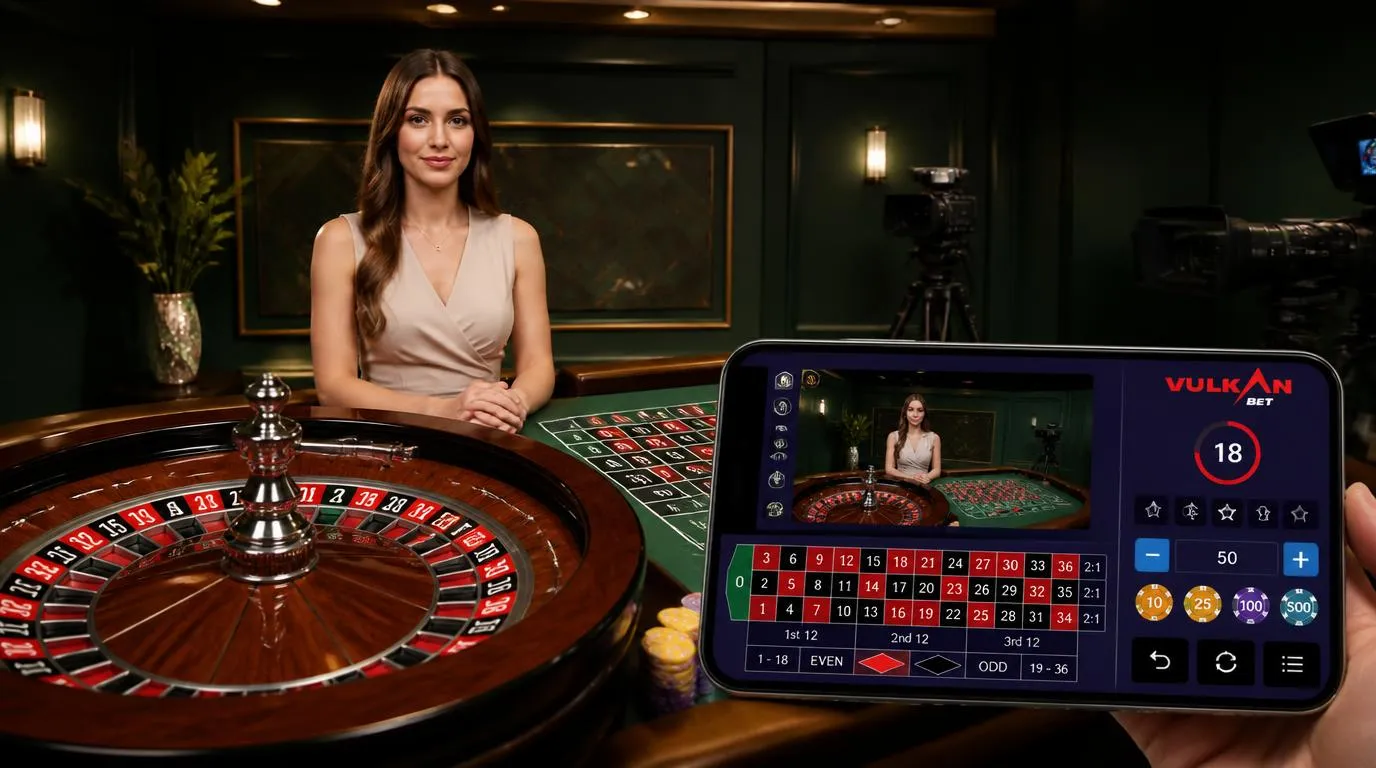 Krupier przy stole ruletki w studiu live oraz czytelny panel zakładów na ekranie telefonu