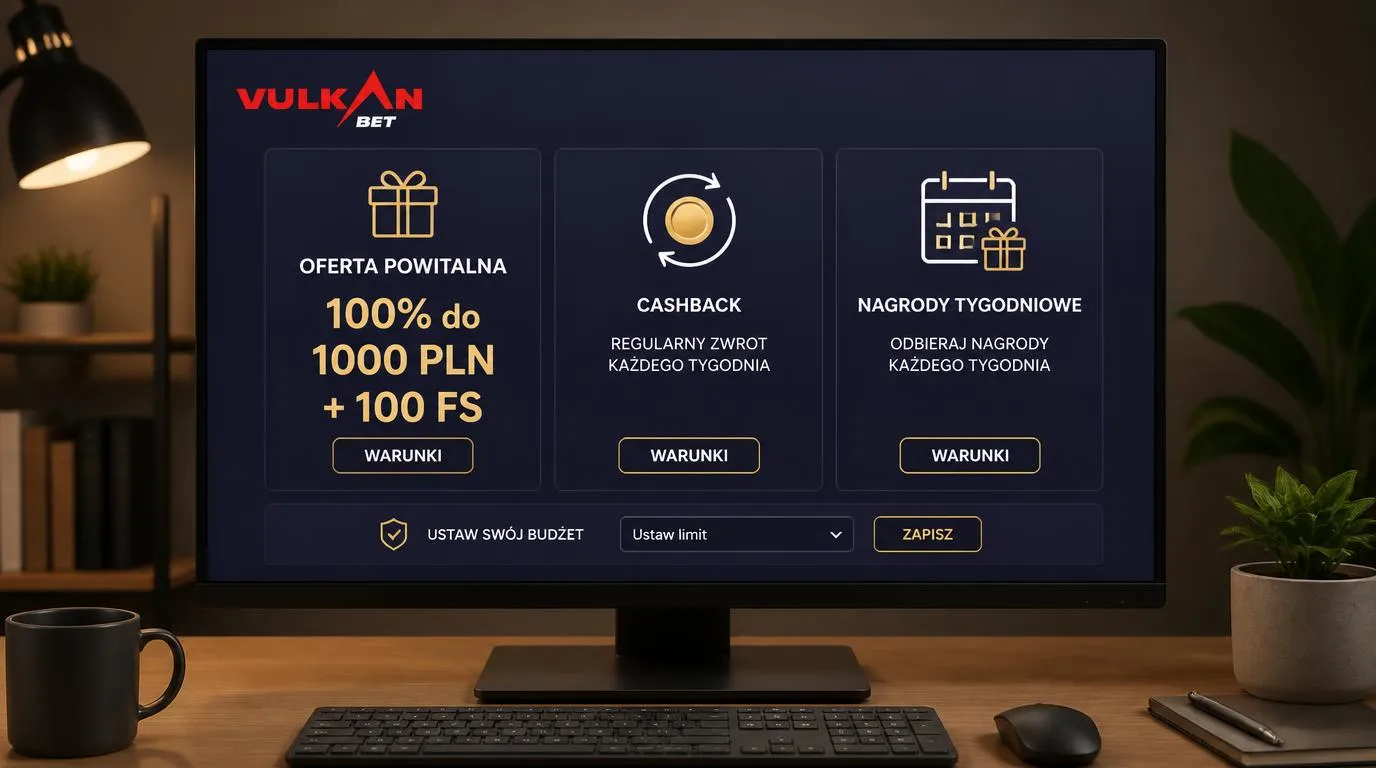 Panel promocji kasyna z ofertą 100% do 1000 PLN i 100 FS oraz kartami cashbacku i nagród tygodniowych